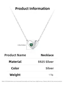 Detail view of S925 sterling silver heart necklace with green zircon pendant and dimensions