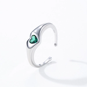 French style S925 silver open ring with heart green zircon and polished finish