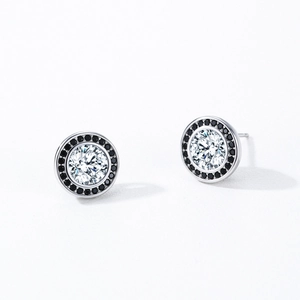 French vintage S925 silver stud earrings with sparkling round zircon and black accents