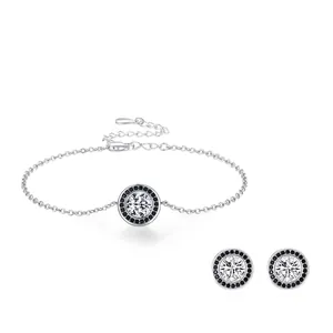 Ensemble De Bijoux en Argent Sterling 925 Zirconia Noir Blanc Vintage Halo Rond Boucles d'Oreilles Bracelet Femme