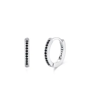 925 Sterling Silver Geometric Hoop Earrings Black Zirconia Inlaid Huggie Earrings For Women Minimalist Jewelry