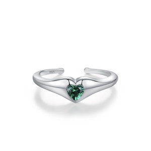 S925 sterling silver open ring featuring a sparkling heart-shaped green zircon gemstone