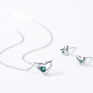 Parure élégante en argent 925 avec cœur et zircon vert collier et boucles d'oreilles