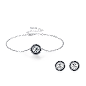 Parure de bijoux en argent S925 avec boucles d'oreilles et bracelet en zircon noir et blanc