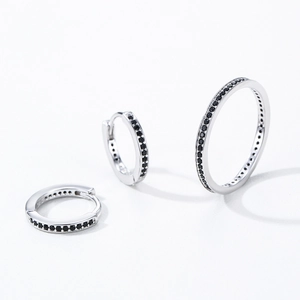 925 Sterling silver hoop earrings with black zircon stones in three distinct sizes