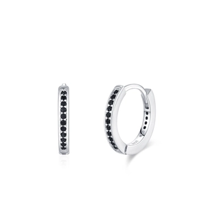 Sterling silver geometric hoop earrings featuring black zircon stones and S925 stamp