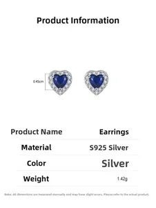Detailed view of 925 sterling silver heart studs with blue sapphire and white zircon