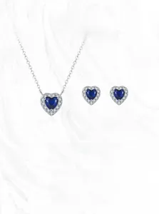 Close-up of S925 silver heart jewelry set with deep blue sapphires and white zircons