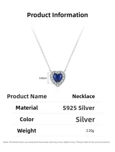 Macro detail of S925 sterling silver heart necklace with blue gem and dimensions