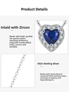 Detail of S925 sterling silver heart necklace featuring 5A blue cubic zirconia inlay