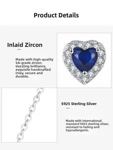 Close-up of S925 sterling silver necklace with heart-shaped blue cubic zirconia pendant