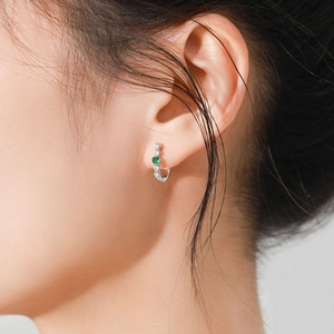 Boucles d'oreilles créoles en argent 925 avec pierres de zircon vert émeraude et blanc