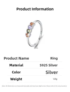 Macro shot of 925 silver ring featuring four colorful heart gemstones and width dimensions