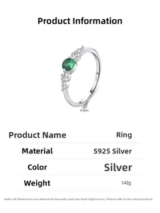 Macro detail of S925 silver ring featuring a green emerald center stone and 1.42g weight