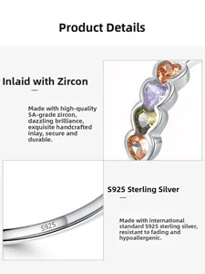 Detail view of S925 sterling silver ring with 5A colorful heart-shaped cubic zirconia