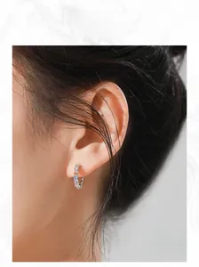 Close-up of S925 sterling silver hoop earrings featuring colorful rainbow zircon stones
