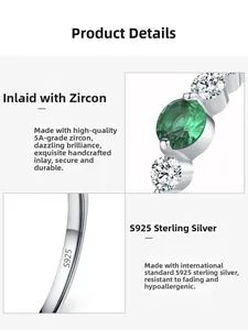 Detail of S925 sterling silver ring with emerald-cut green zircon and 5A white stones