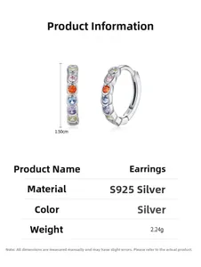 Detailed S925 silver hoop earrings with rainbow gemstones, 1.50cm size and 2.24g weight