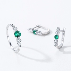 Parure boucles d'oreilles U et bague en argent S925 avec émeraudes et oxydes