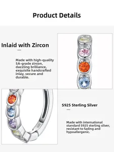 Macro shot of S925 sterling silver hoop earrings with 5A colorful zircon stones