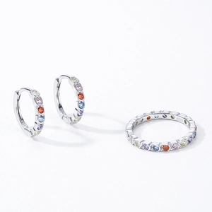 Set gioielli in argento 925 con anello e orecchini in zirconi colorati stile arcobaleno