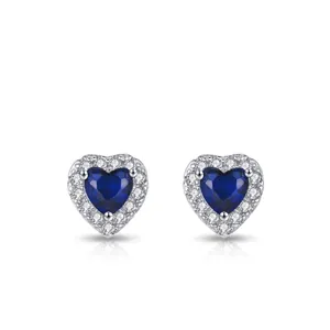 925 Sterling Silver Heart Stud Earrings For Women Vintage Blue Zirconia Halo Earrings Elegant Jewelry Gift For Wedding Party