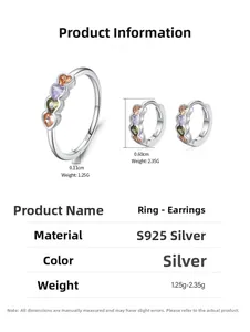 Detailed size chart for S925 silver heart ring and hoop earrings jewelry set