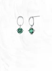 Detailed close-up of S925 sterling silver emerald earrings with a round-cut gemstone