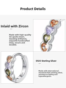 Detail of S925 sterling silver hoop earrings with 5A multicolor heart-shaped zirconia