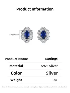 S925 silver sapphire stud earrings with dimensions 0.30cm by 0.50cm and 1.40g weight details