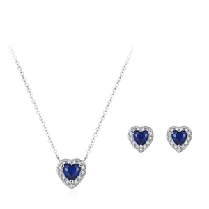 Vintage 925 Sterling Silver Heart Jewelry Set Deep Blue Zirconia Heart Of The Sea Necklace Stud Earrings For Women Romantic Gift