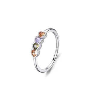 925 Sterling Silver Heart Ring For Women Colorful Zirconia Inlaid Romantic Sweet Small Finger Ring Vintage Jewelry Gift
