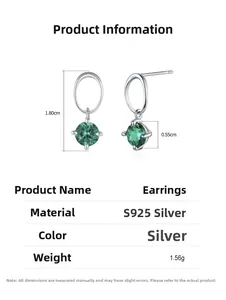 Detail showing S925 sterling silver earrings with green stones and dimensions