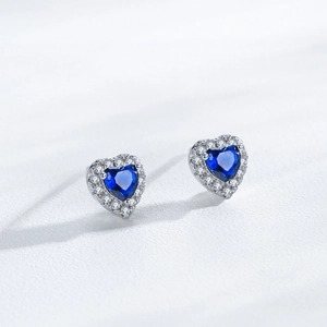 925 silver heart stud earrings with blue sapphire center and white zircon halo