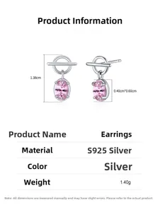 Detail view of S925 silver pink zircon earrings with 1.38cm height and dimensions