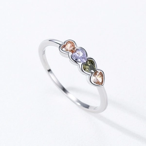 925 silver ring featuring four heart-shaped multi-color gemstones in a wave setting