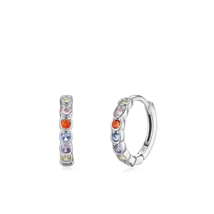 925 Sterling Silver Rainbow Zirconia Hoop Earrings For Women Minimalist Colorful Gemstone Inlaid Ear Buckle Fashion Jewelry