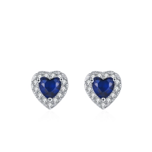 S925 sterling silver heart stud earrings with blue gemstone and white zircon halo