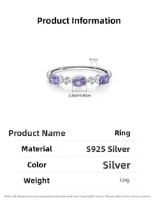 Detail view of S925 silver ring featuring purple zircons and internal S925 hallmark