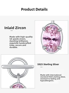 Detail of pink oval 5A zircon stud with S925 silver T-clasp and four-prong setting