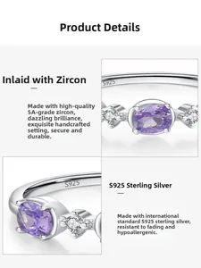 Macro shot of S925 sterling silver ring showing purple zircon and S925 hallmark