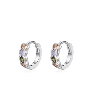 Boucles d'Oreilles Créoles en Argent Sterling S925 Cœur Incrusté de Zirconia Coloré Bijoux de Luxe pour Femme