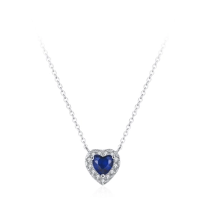 S925 sterling silver heart necklace with blue gemstone and sparkling zircon halo
