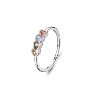 925 sterling silver ring with four multi-color heart-shaped cubic zirconia stones