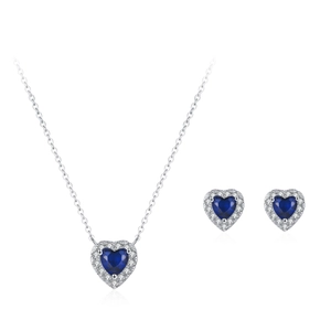 Vintage S925 silver heart jewelry set with blue heart pendant necklace and stud earrings