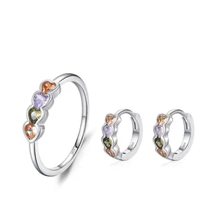 925 Sterling Silver Colorful Heart Jewelry Set For Women Zirconia Inlaid Romantic Heart Ring Earrings Personalized Dopamine Jewelry