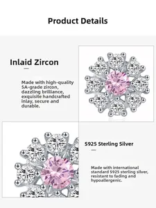 Detaillierte Makroansicht der S925 Sterlingsilber Schneeflocken Ohrstecker mit rosa Zirkon