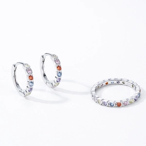 S925 sterling silver rainbow zircon hoop earrings and matching ring jewelry set