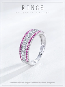 Detail of S925 sterling silver ring featuring three rows of micro-set pink and white stones