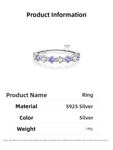 Detail of S925 silver ring featuring purple zirconia and technical size specifications